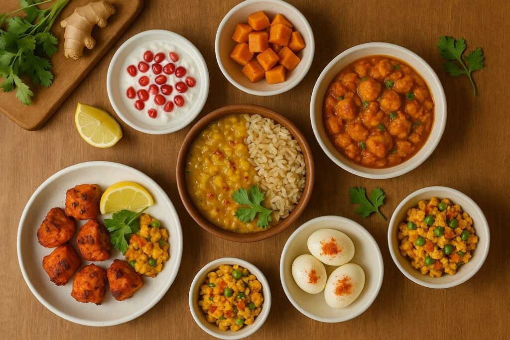 Top-down view of a variety of high-protein Indian dishes arranged on a wooden table. The spread includes tandoori chicken pieces with lemon garnish, hard-boiled eggs sprinkled with paprika, dal (lentil curry) served with brown rice, paneer curry in rich tomato gravy, cubed sweet potato, scrambled eggs with peas, yogurt topped with pomegranate seeds, and fresh cilantro and ginger scattered around the dishes. All items are presented in white ceramic bowls and plates, creating a colorful and nutritious meal layout perfect for fitness enthusiasts.